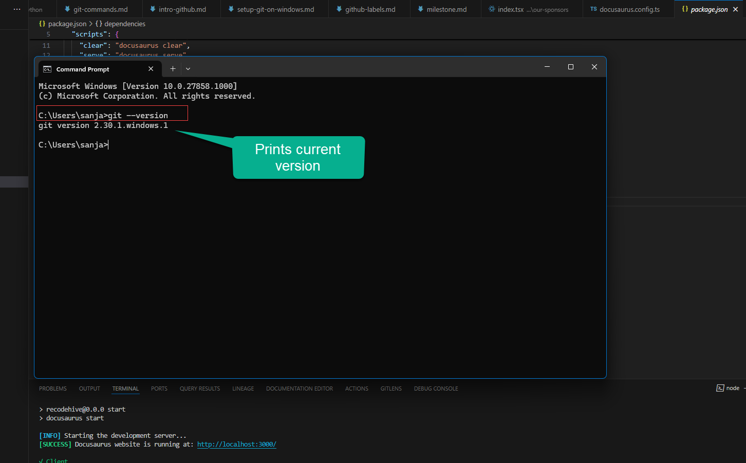 Command Prompt showing the output of git --version